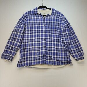 L.L. Bean Flannel Shirt Jacket Mens Large Blue Plaid Fleece Lined Cotton